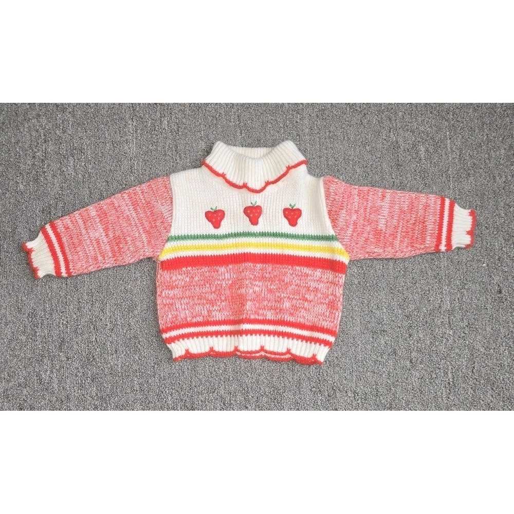 Vintage Baby Sweater 18M Strawberry Knit Red White Toddler Retro Cottagecore - Picture 1 of 7